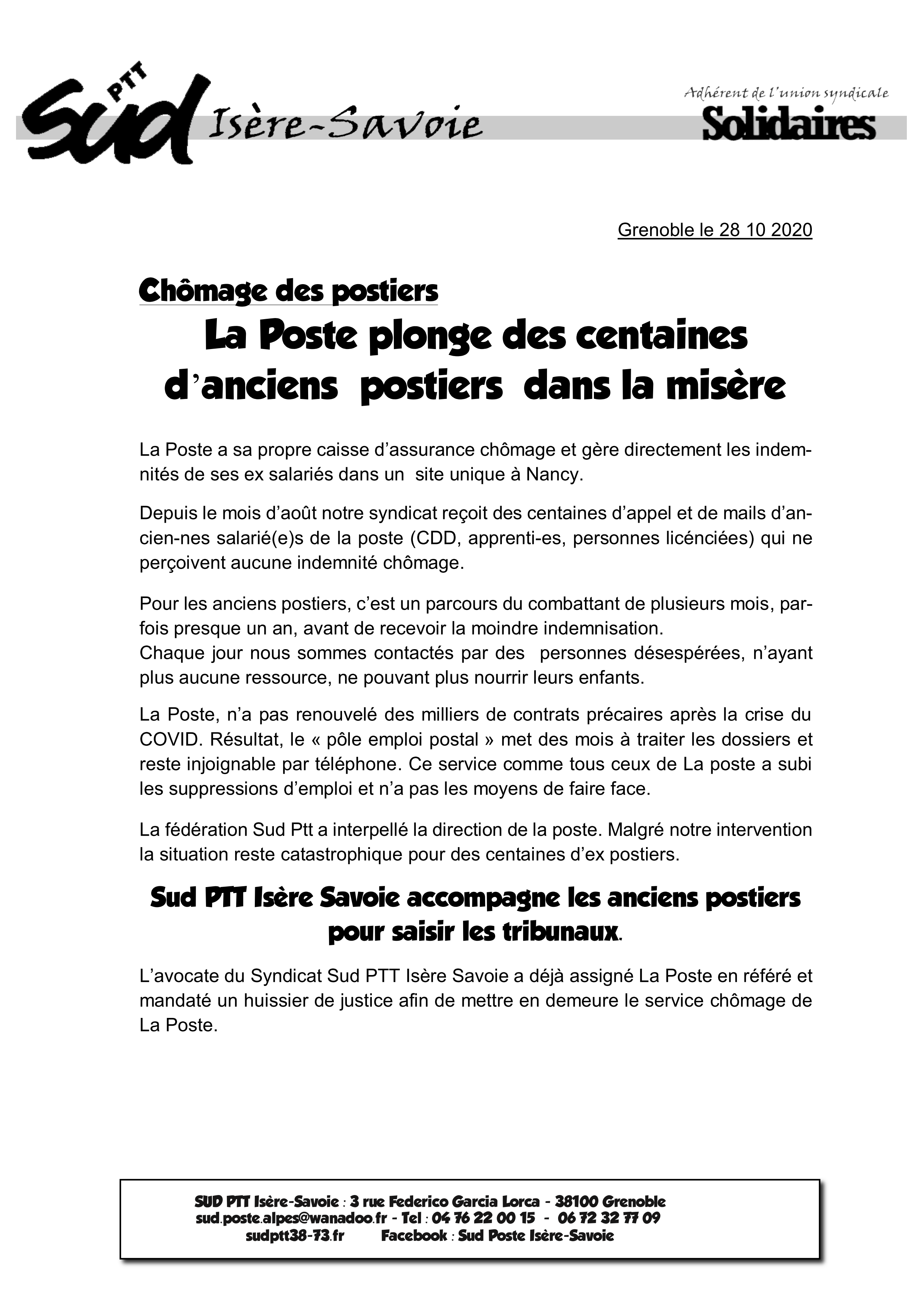 communiqué de presse chomage Syndicat SUD Isère Savoie 01 85272